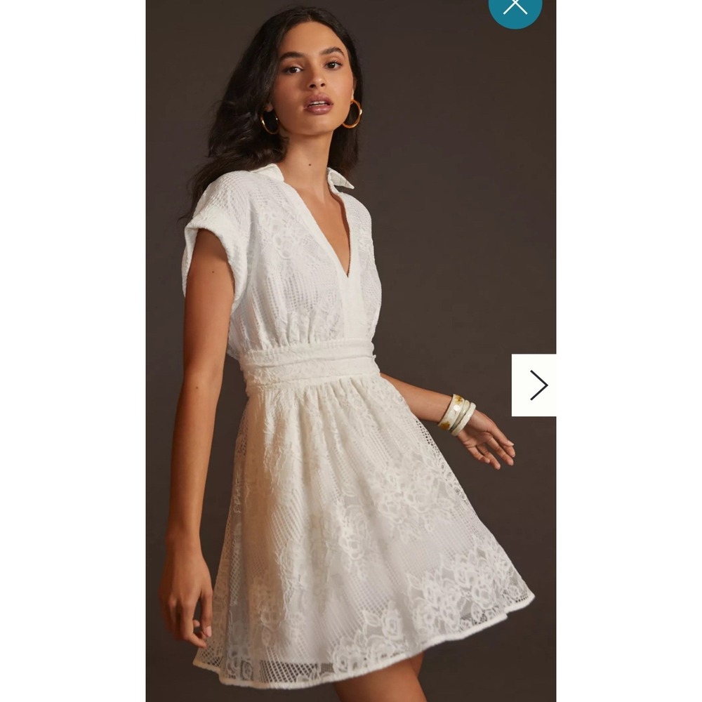 Maeve by Anthropologie Ivory Lace V-Neck Mini Dress Floral Cap Sleeve Size 10 - Picture 2 of 7